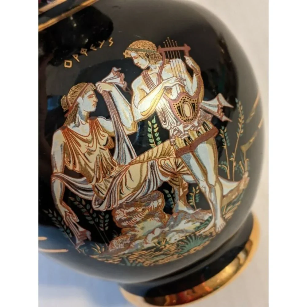 Vintage Terracotta Sicilia Vase Black Hand Painted 24k Gold Greek Figures Map 7